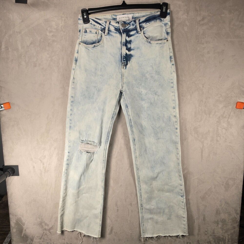 Risen High Rise Distressed Straight Leg Jeans Size 7/28 Light Acid Wash Frayed